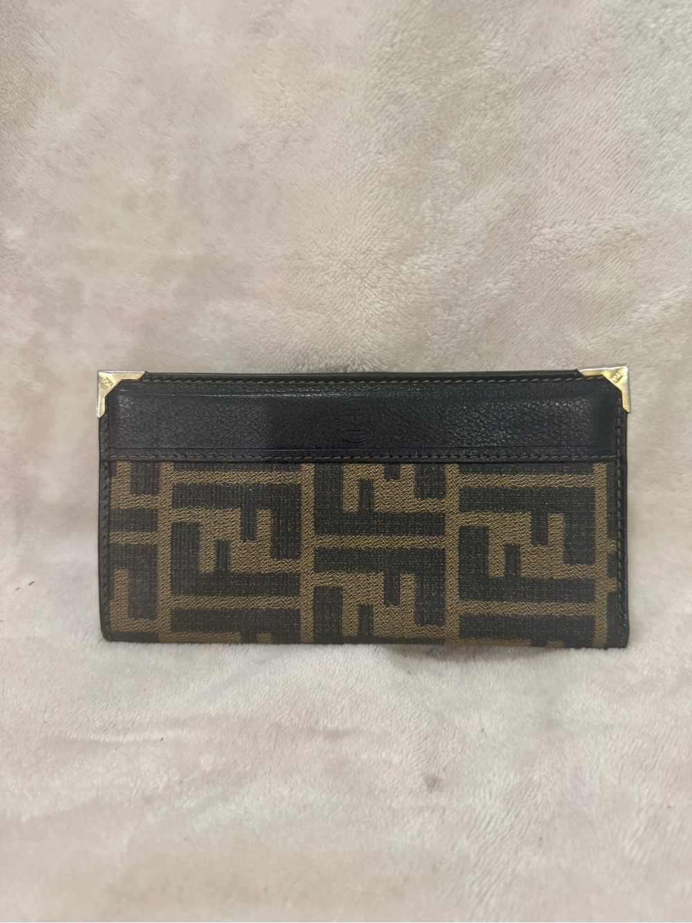 Fendi Brown & Black Zucca Continental Wallet with Gold Corners